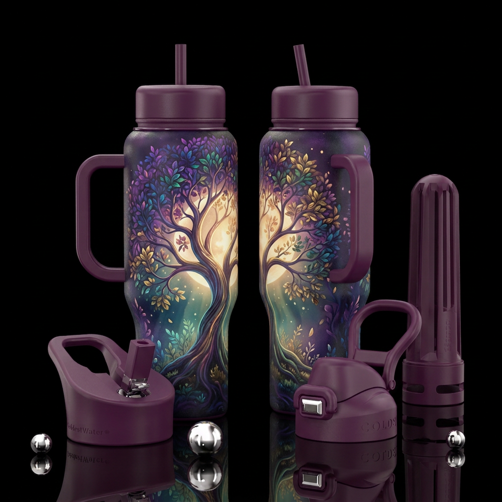 beautiful, colorful dreamy tree with soft moonligh... water bottle design