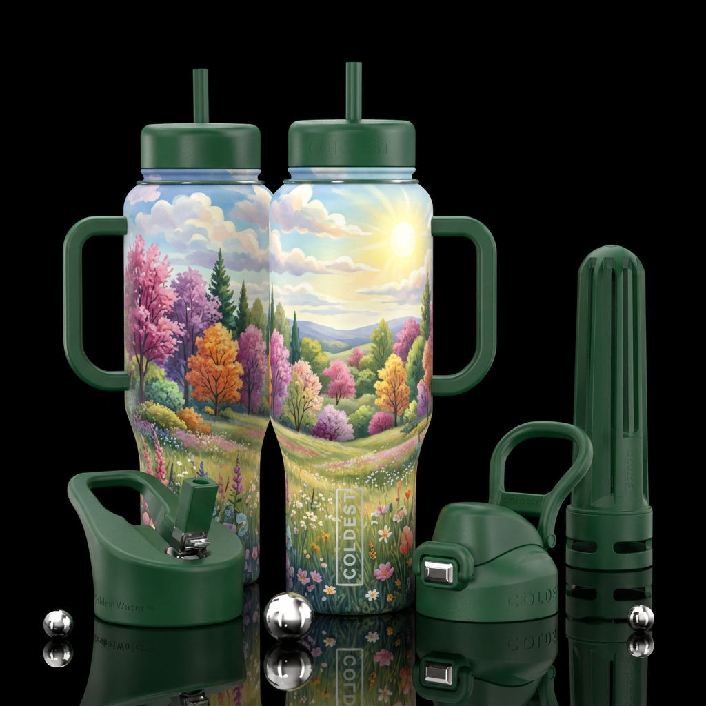 meadow with beautiful colorful trees, with clouds ... water bottle design