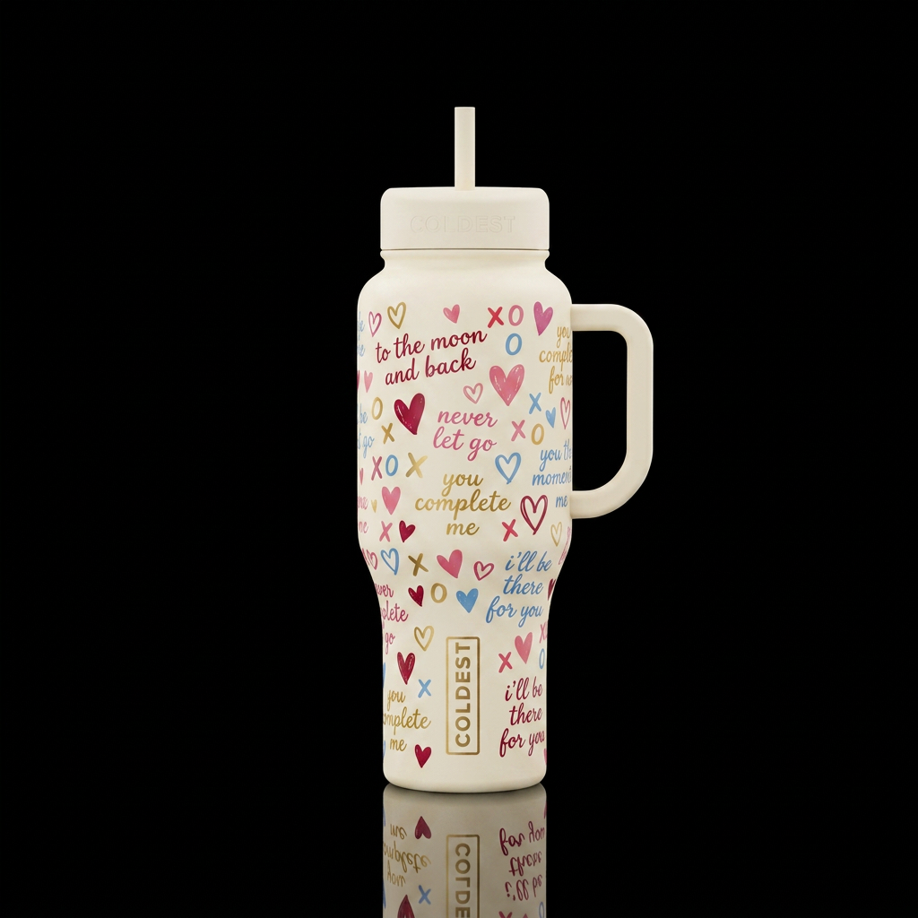 cream color tumbler with hearts, x's and o's, roma... water bottle design