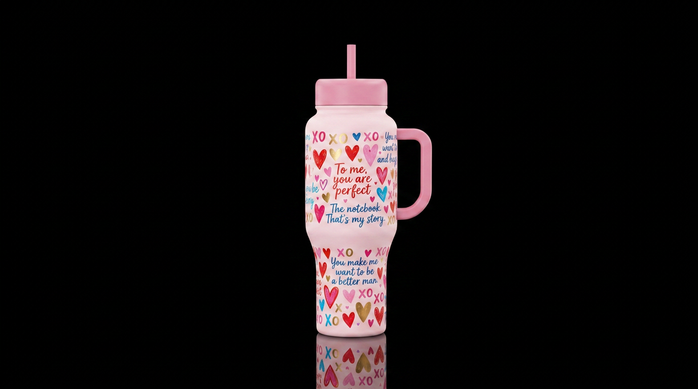 pale pink tumbler with hearts, x's and o's, romant... water bottle design