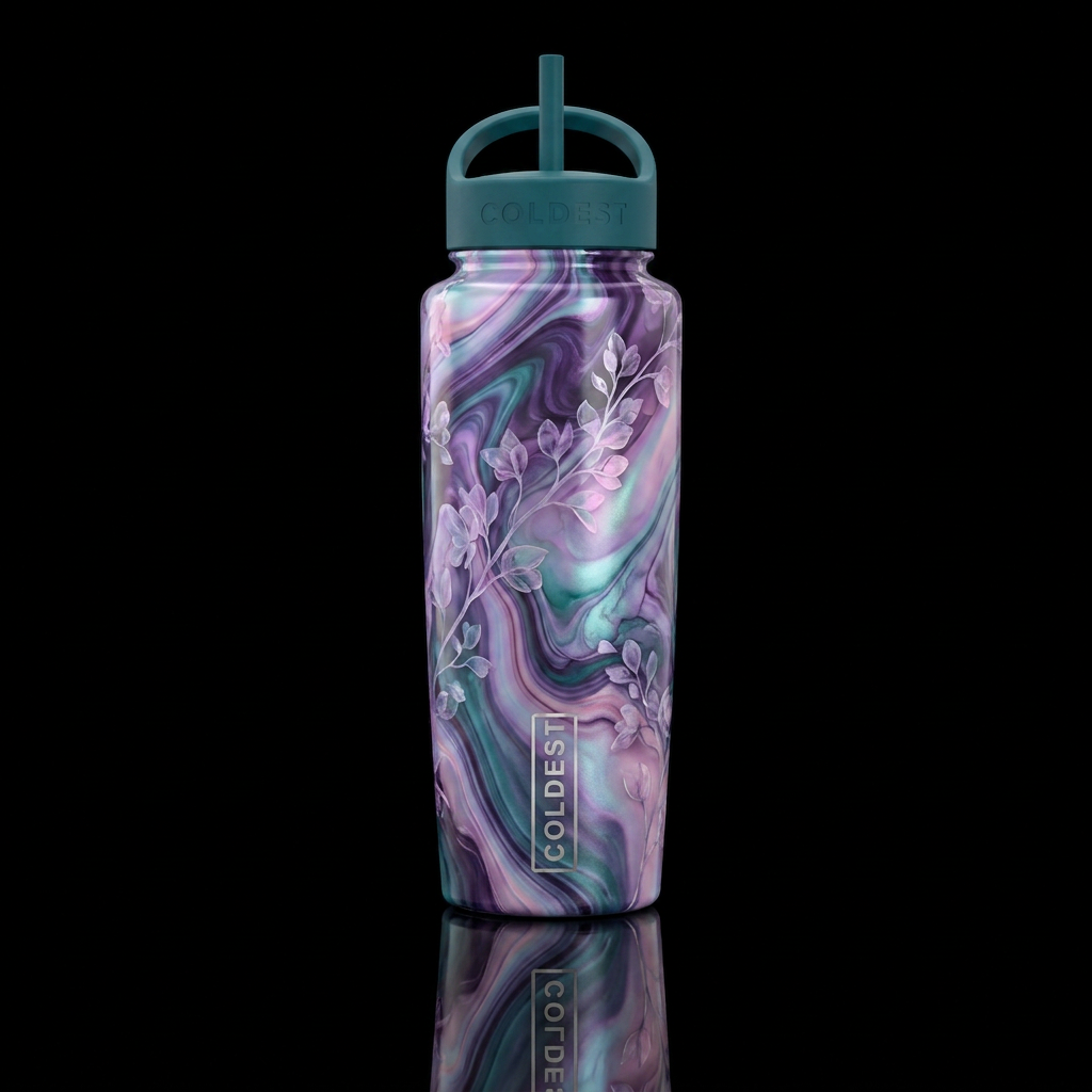 beautiul, luxurious, inbued, opalescent deep purpl... water bottle design