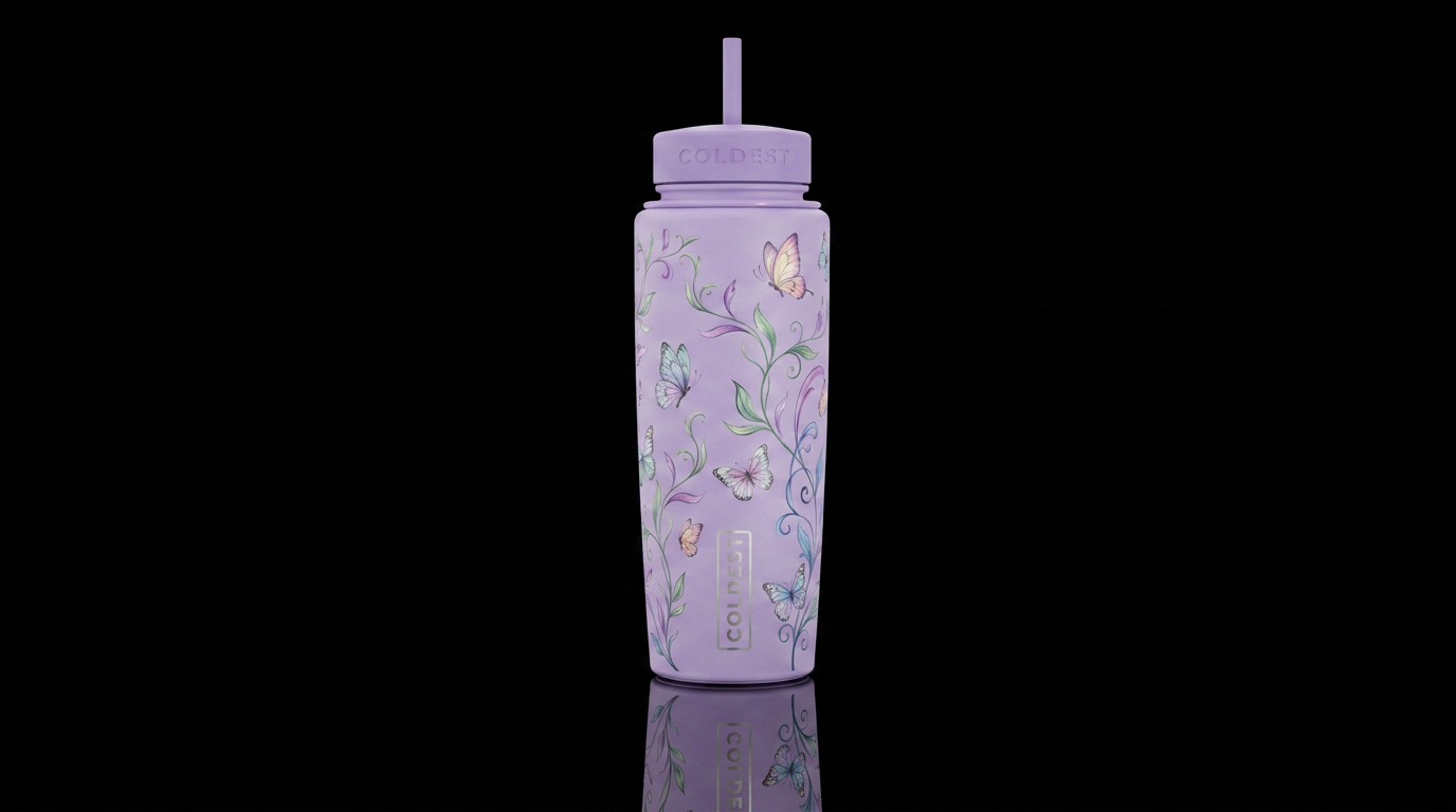 matte lavender bottle with soft colorful butteflie... water bottle design