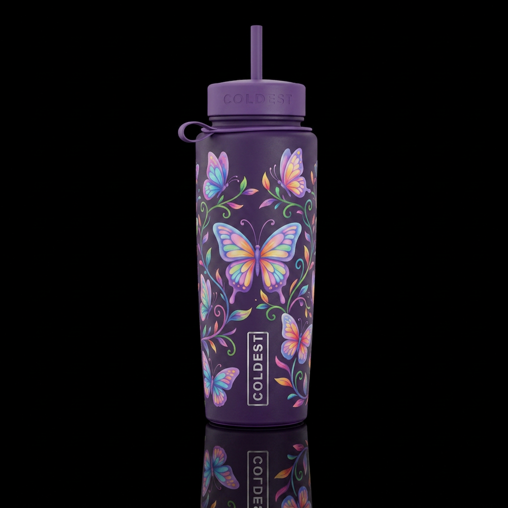 matte purple bottle with soft colorful butteflies ... water bottle design