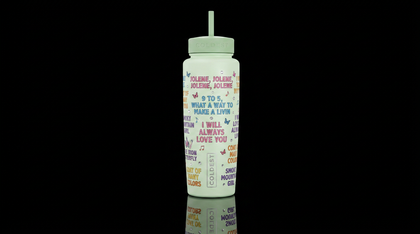 Pale green tumbler with Dolly Parton song lyrics i... water bottle design