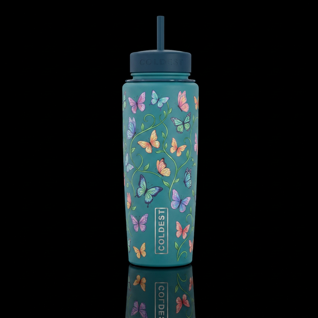matte teal bottle with soft colorful butteflies an... water bottle design