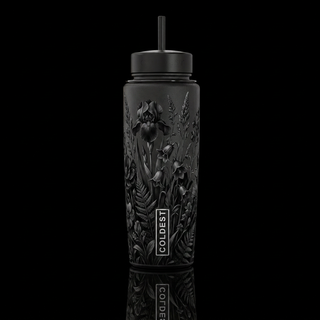 dark mood, black tumbler with black wildflowers on... water bottle design
