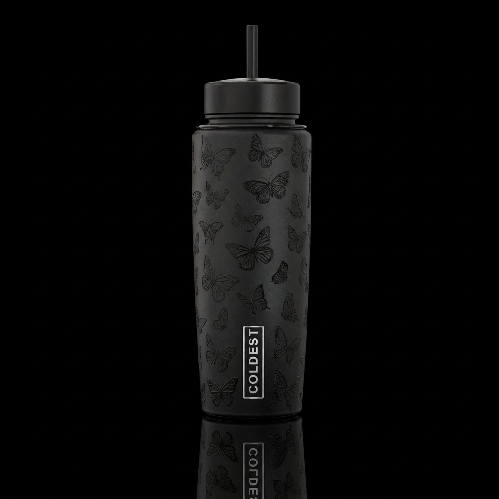 dark mood, black tumbler with black butterflies on... water bottle design