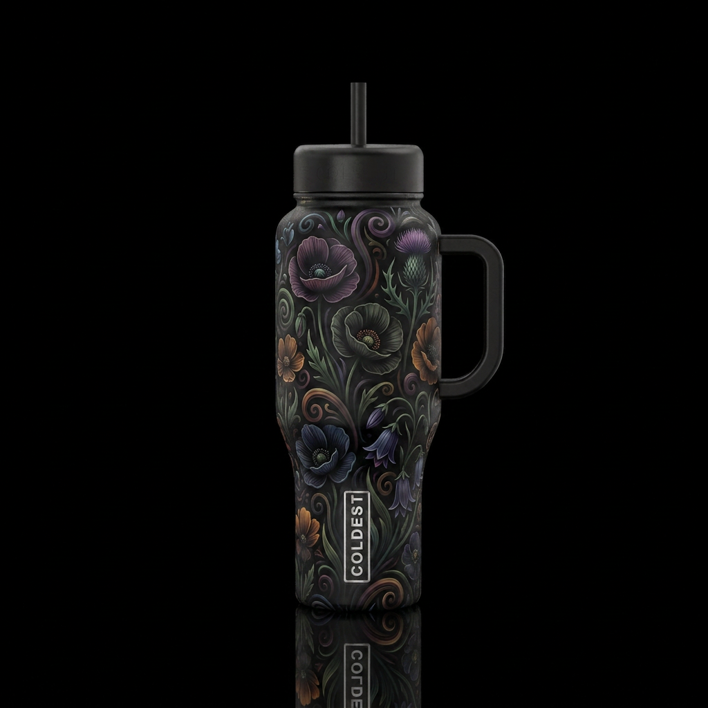 whimsical swirls, dark mood, black tumbler with bl... water bottle design