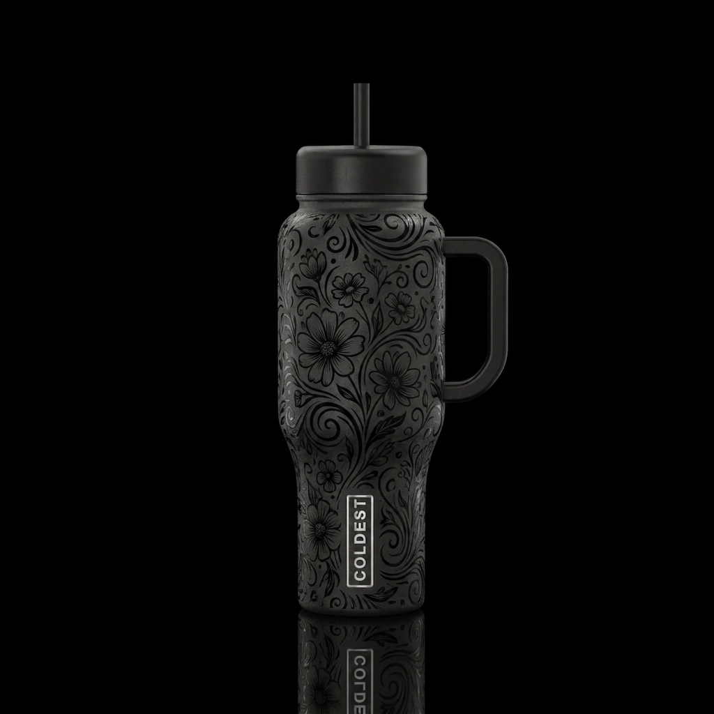 whimsical swirls, dark mood, black tumbler with bl... water bottle design