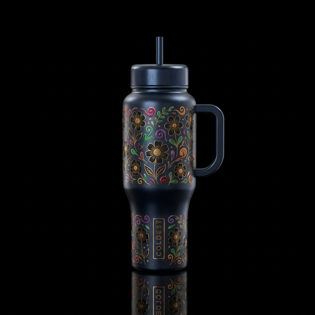 small whimsical swirls, dark mood, black tumbler w... water bottle design