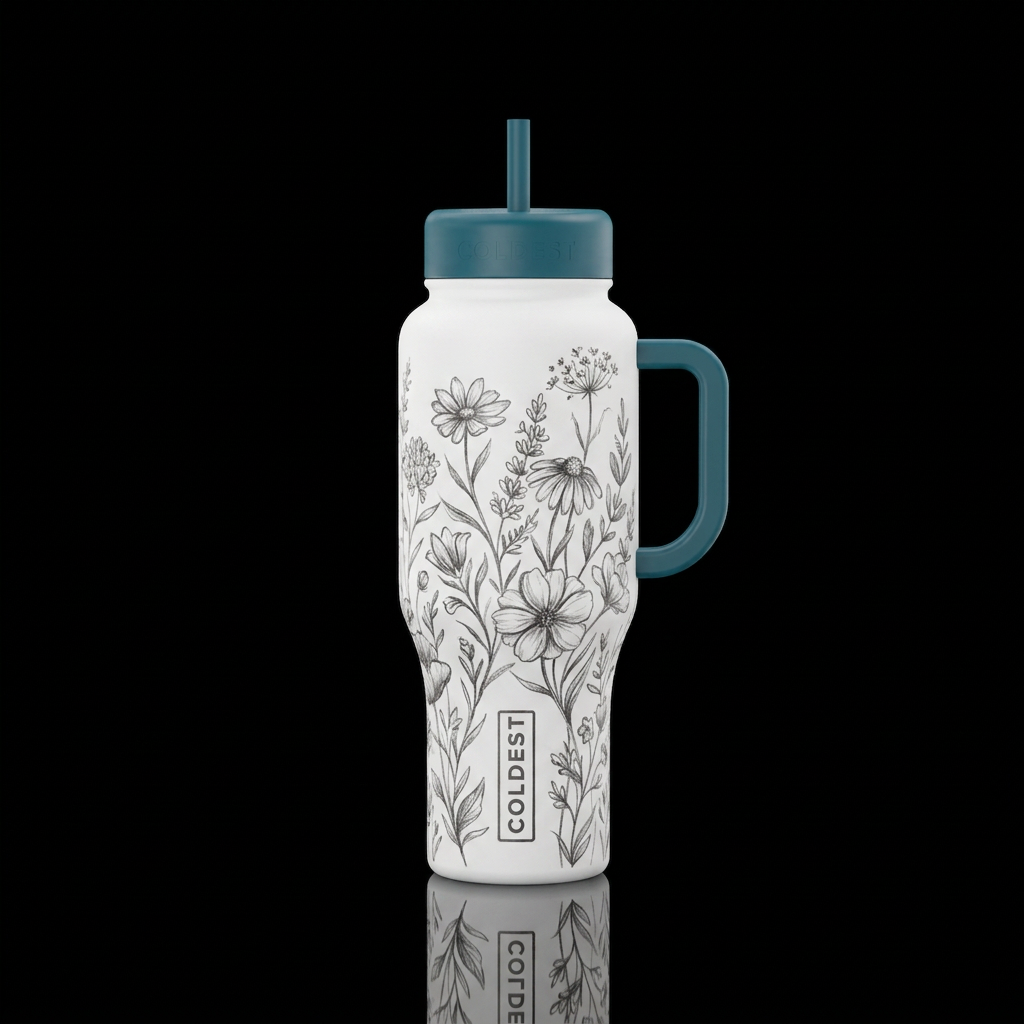 white tumbler with charcoal sketched wildflowers a... water bottle design